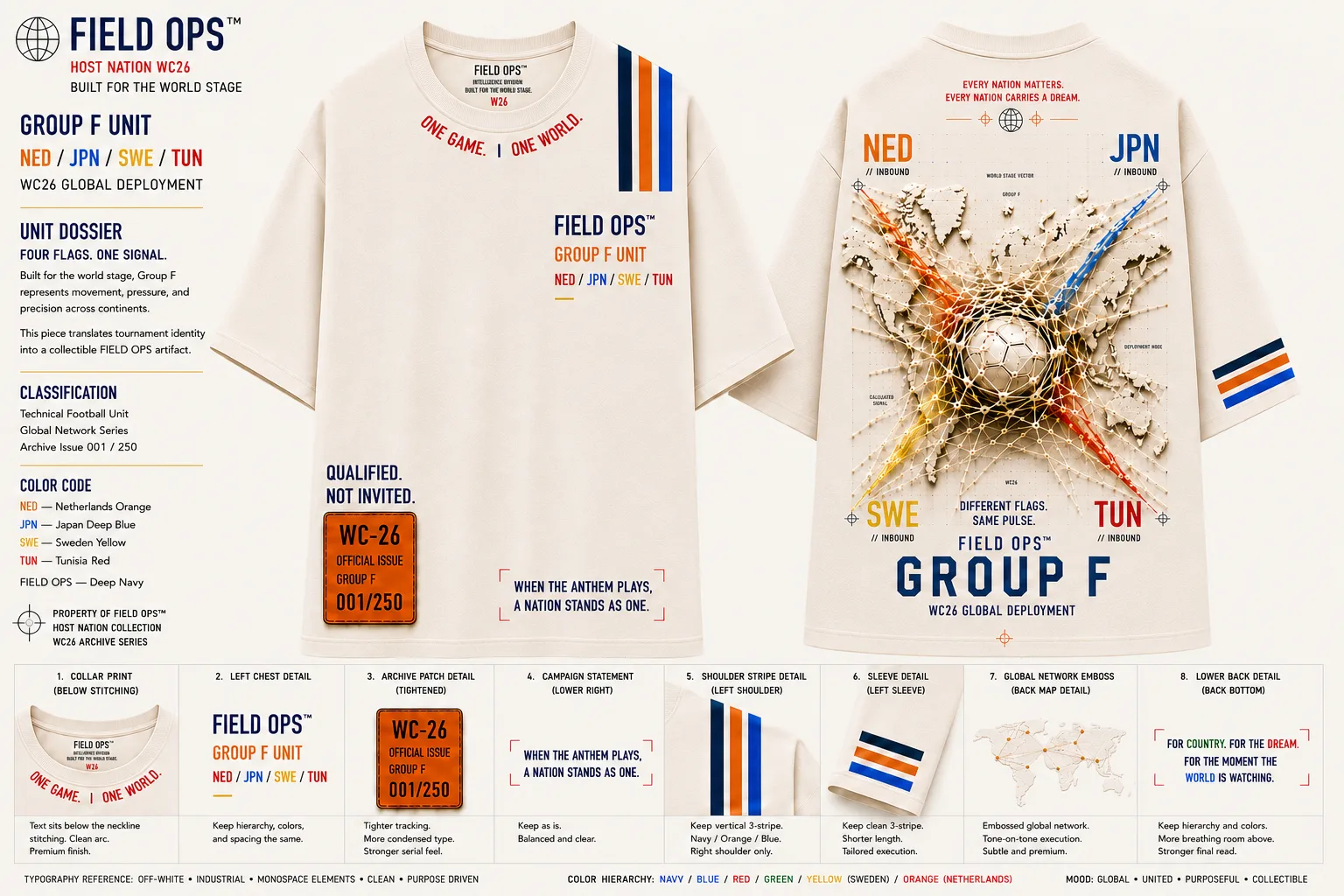 Group F World Stage Tee, full specification.