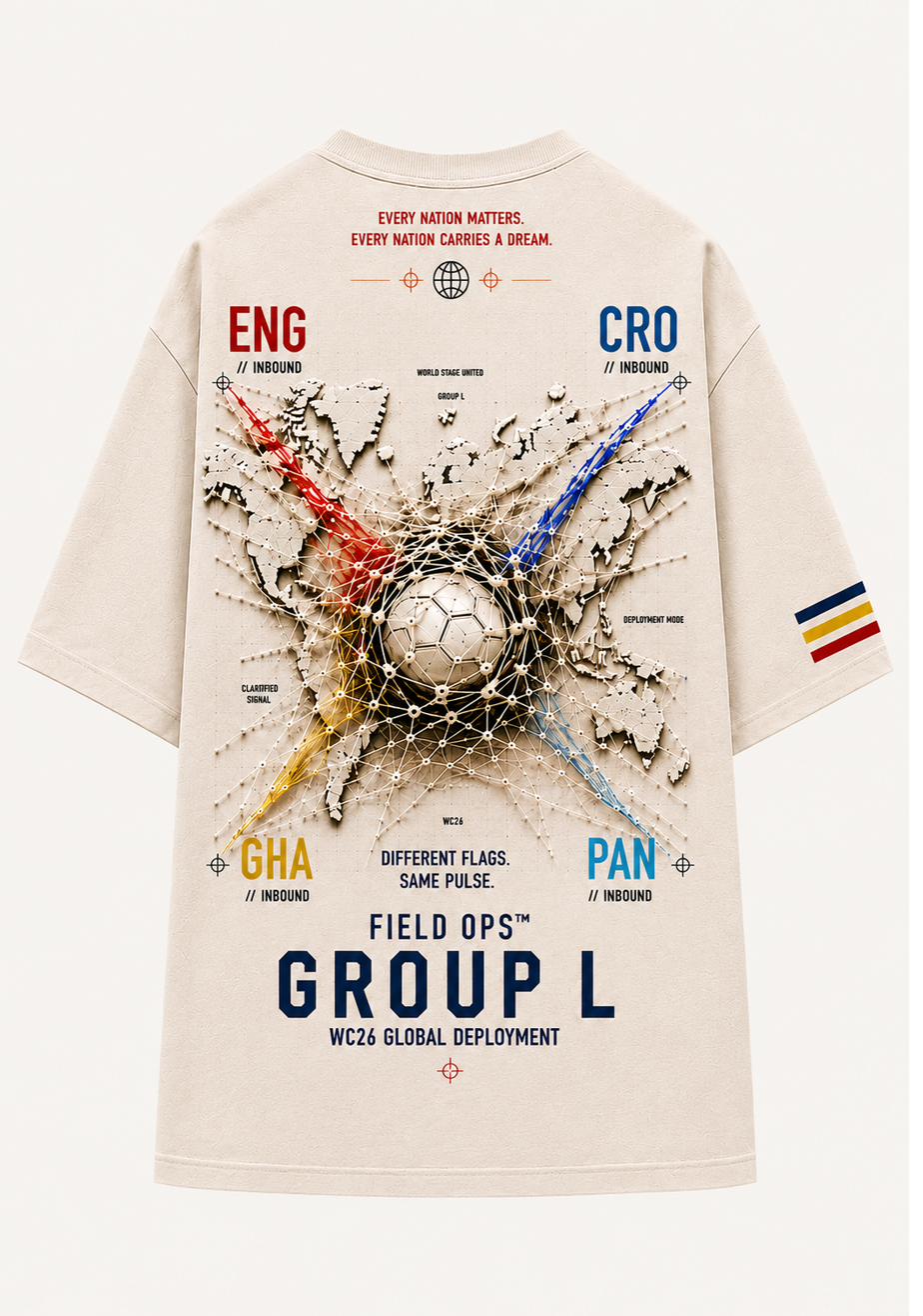 Group L World Stage Tee, back network graphic.