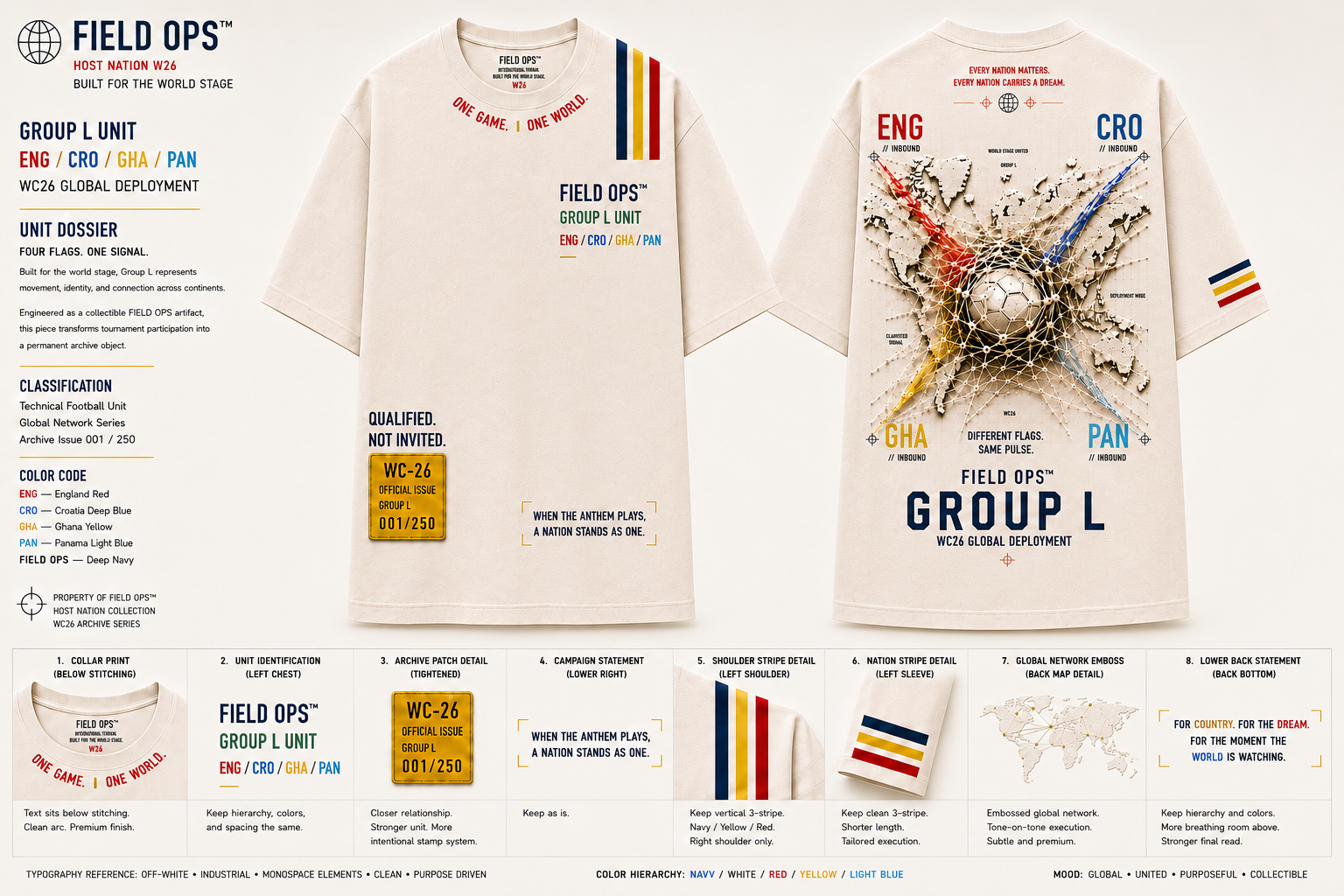 Group L World Stage Tee, full specification.