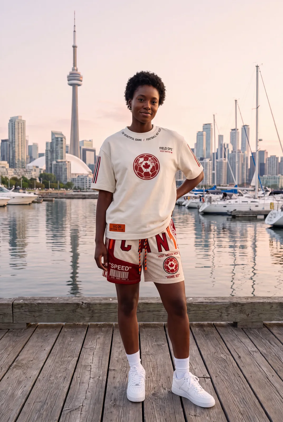 Tee and shorts in front of the CN Tower.
