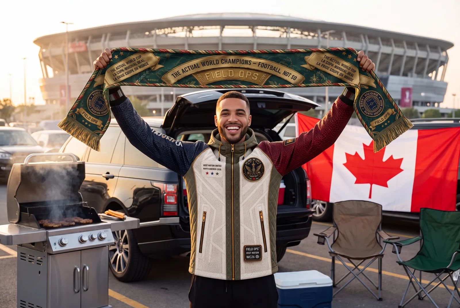 Tailgate in jacket and scarf.