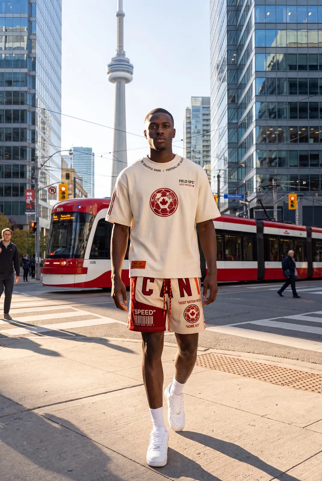 Tee and shorts on a Toronto crosswalk.