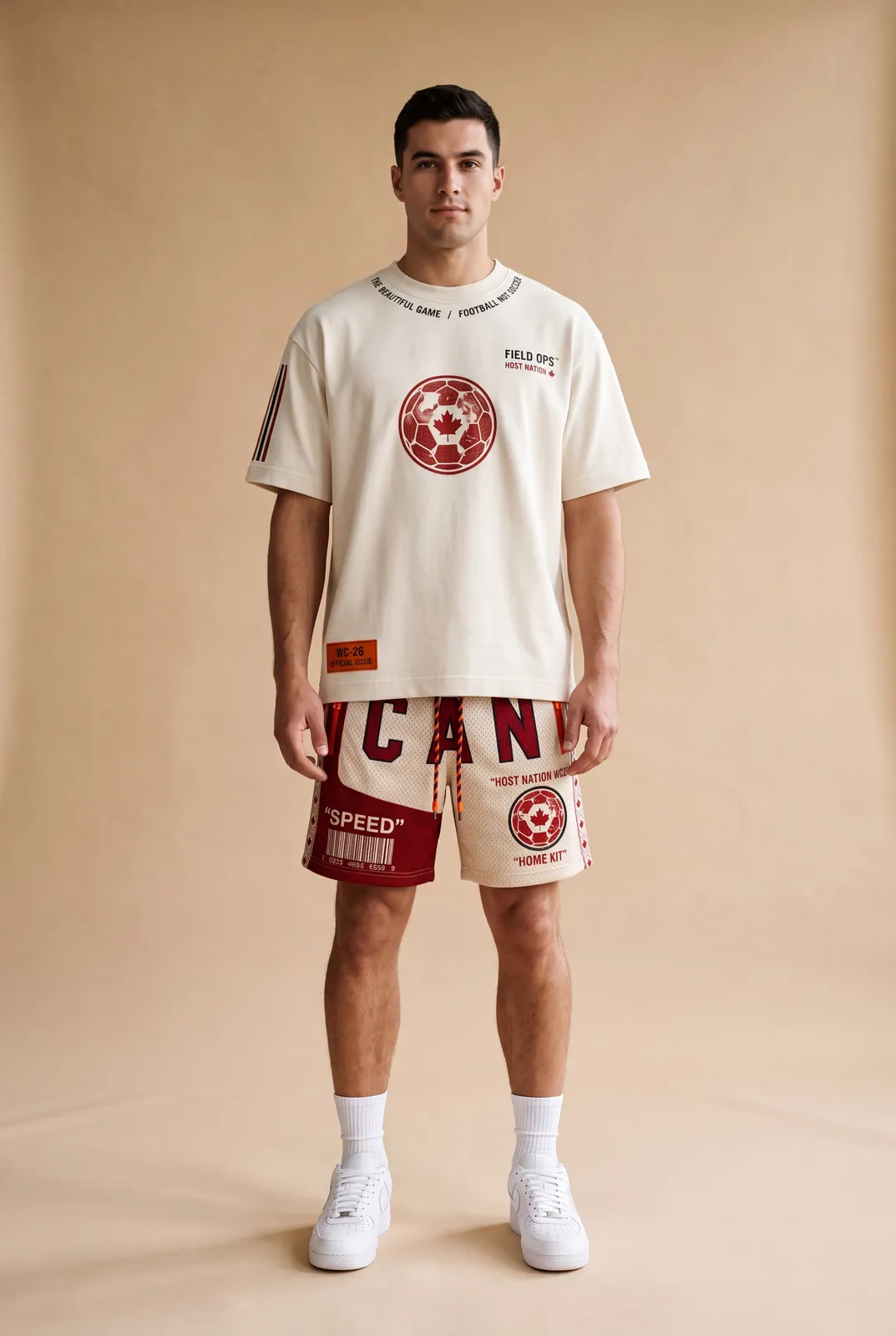 Studio front view of the Canada tee and shorts.