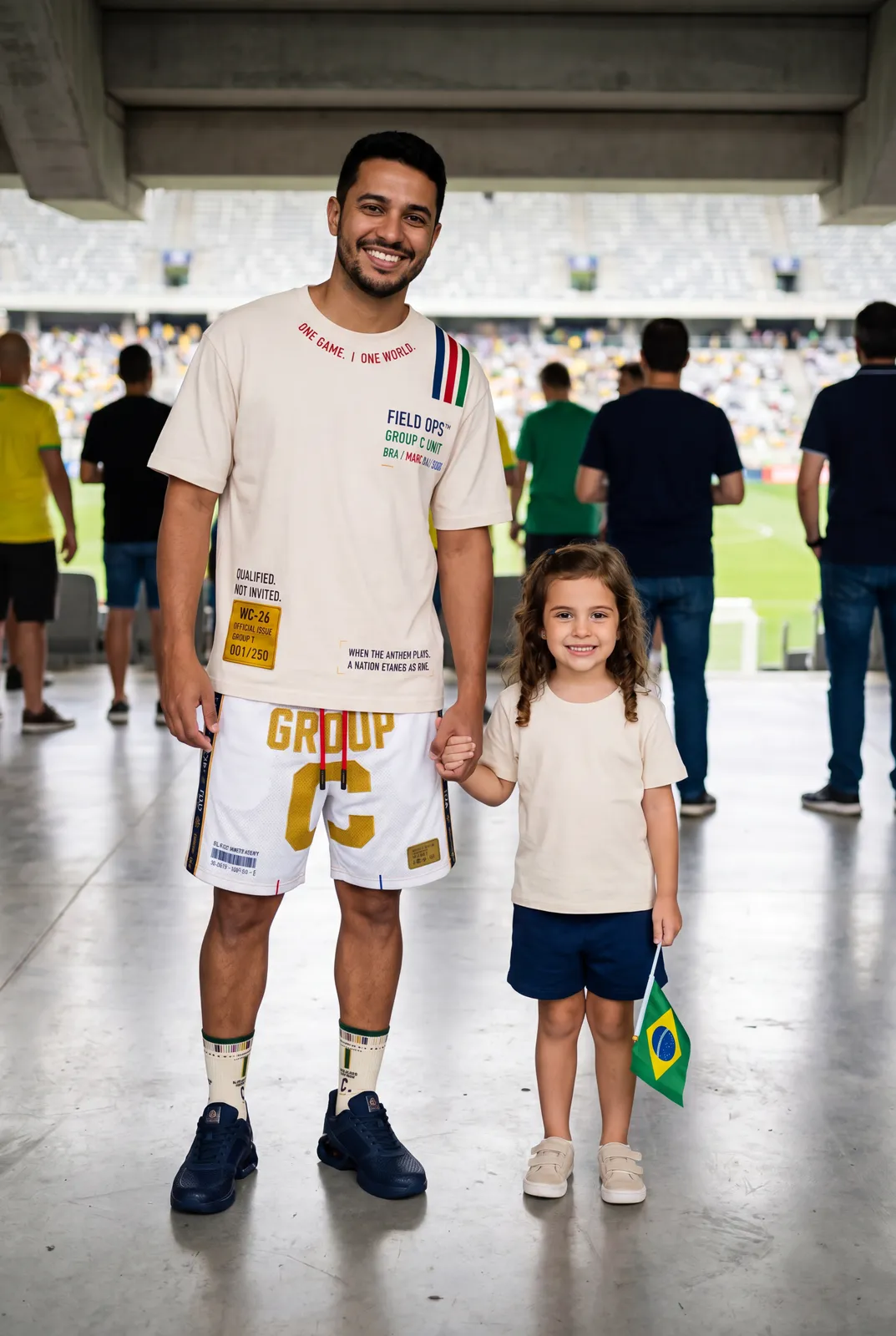 Father and child on the stadium concourse.
