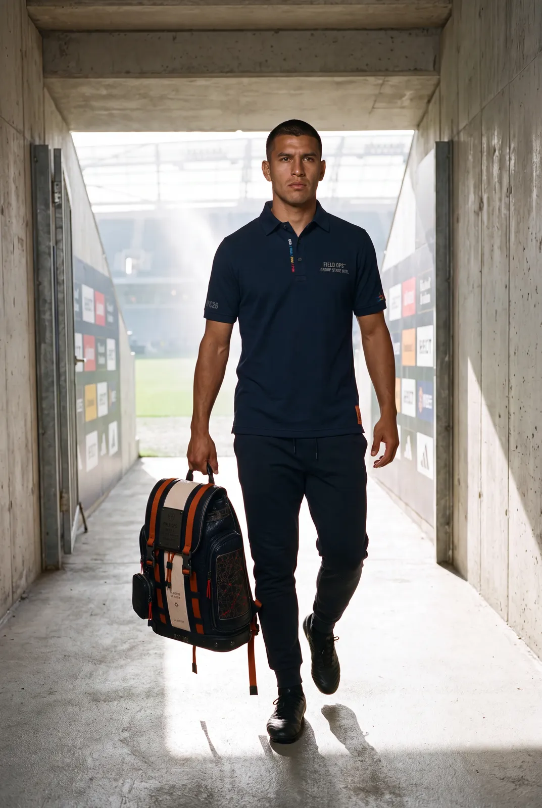 Polo and backpack in the tunnel.