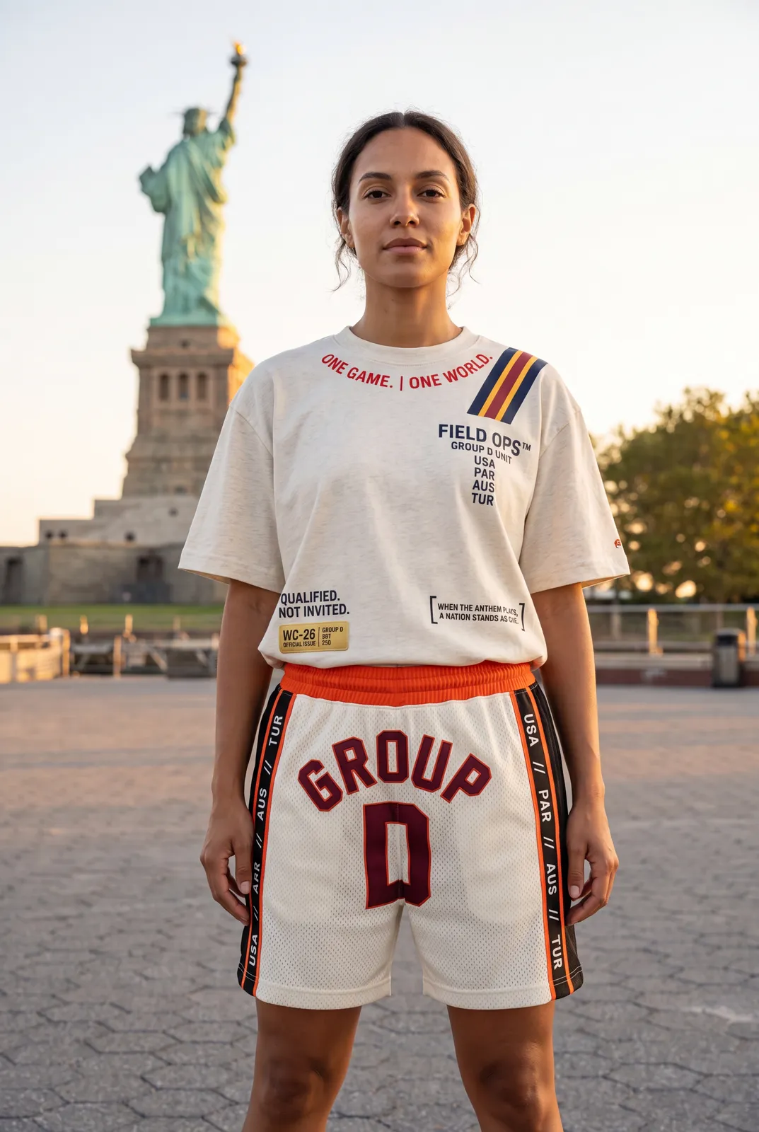 Tee and shorts at the Statue of Liberty.