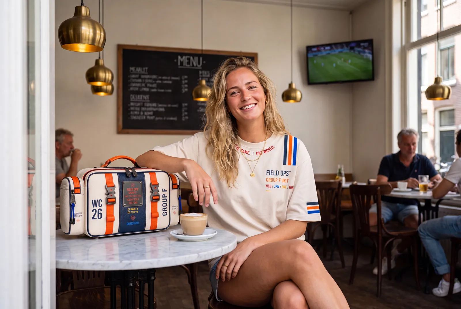 Tote at a café.