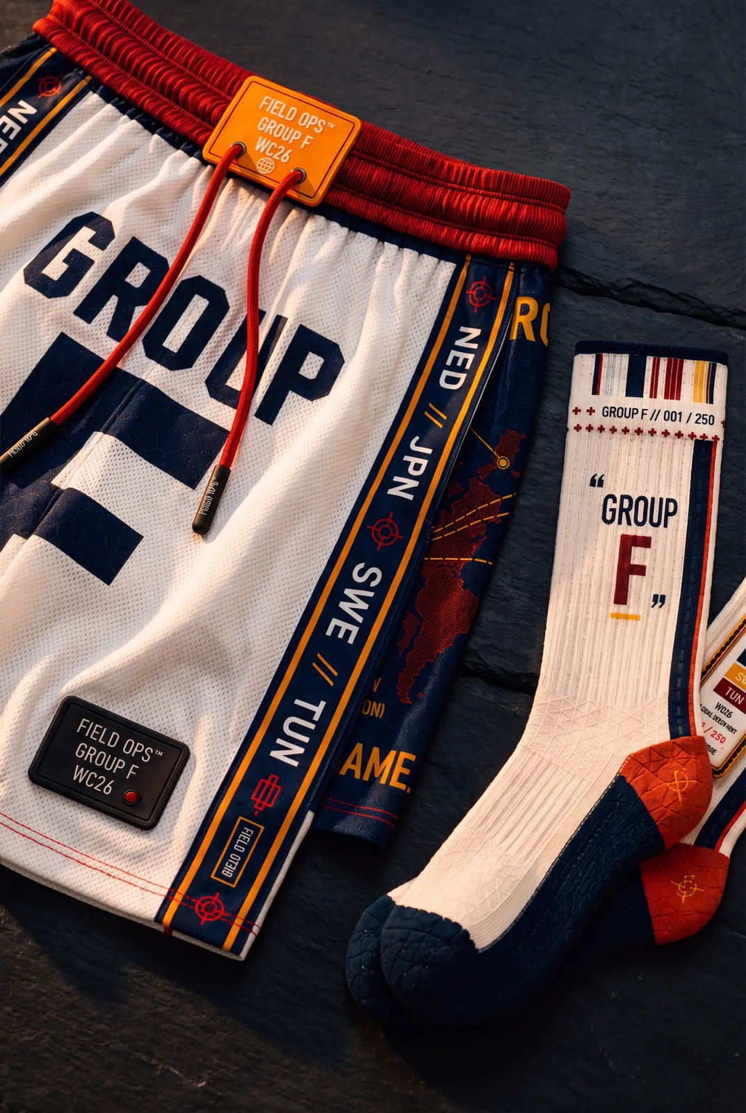 Macro of Group F shorts and socks.