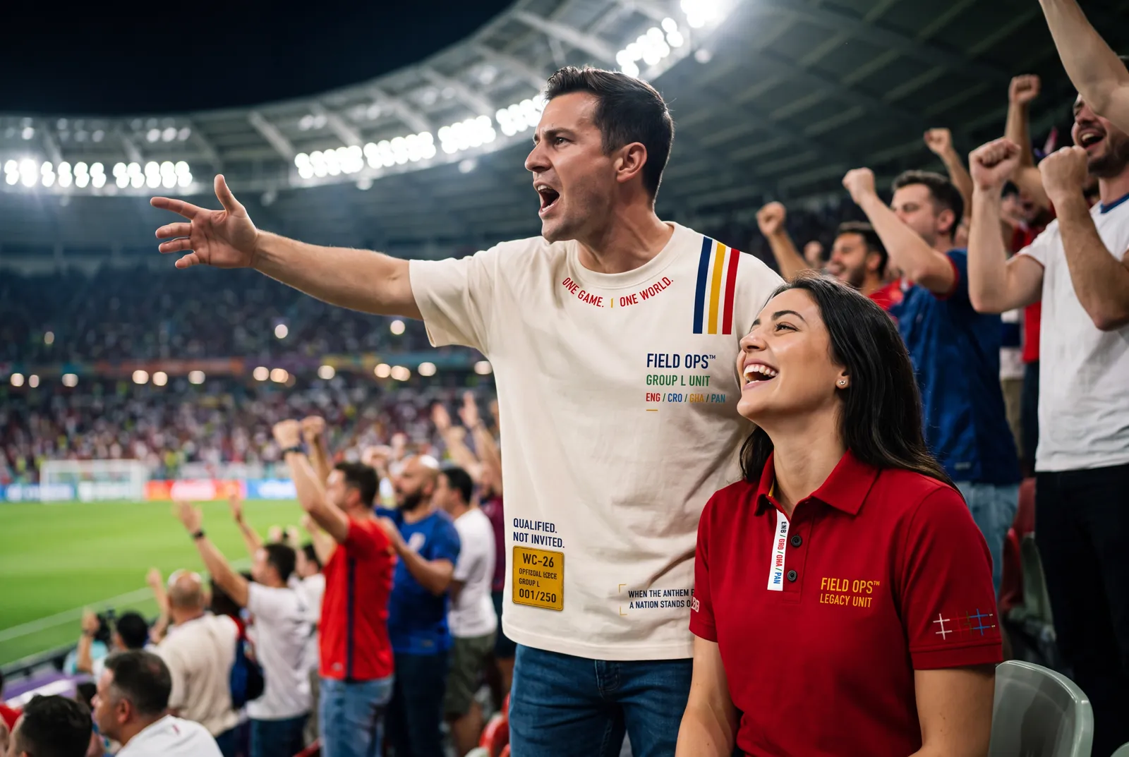Couple in tee and polo in the stands.