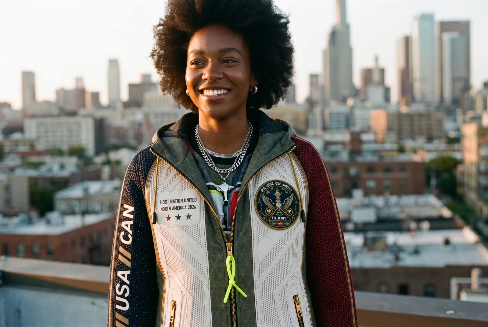 Host Nation Jacket on a rooftop overlooking the skyline.