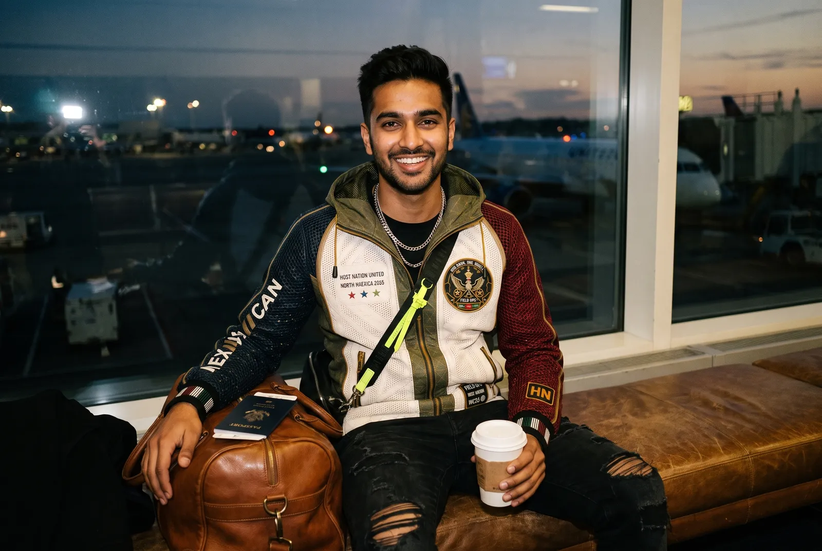 Host Nation Jacket at the departure gate.