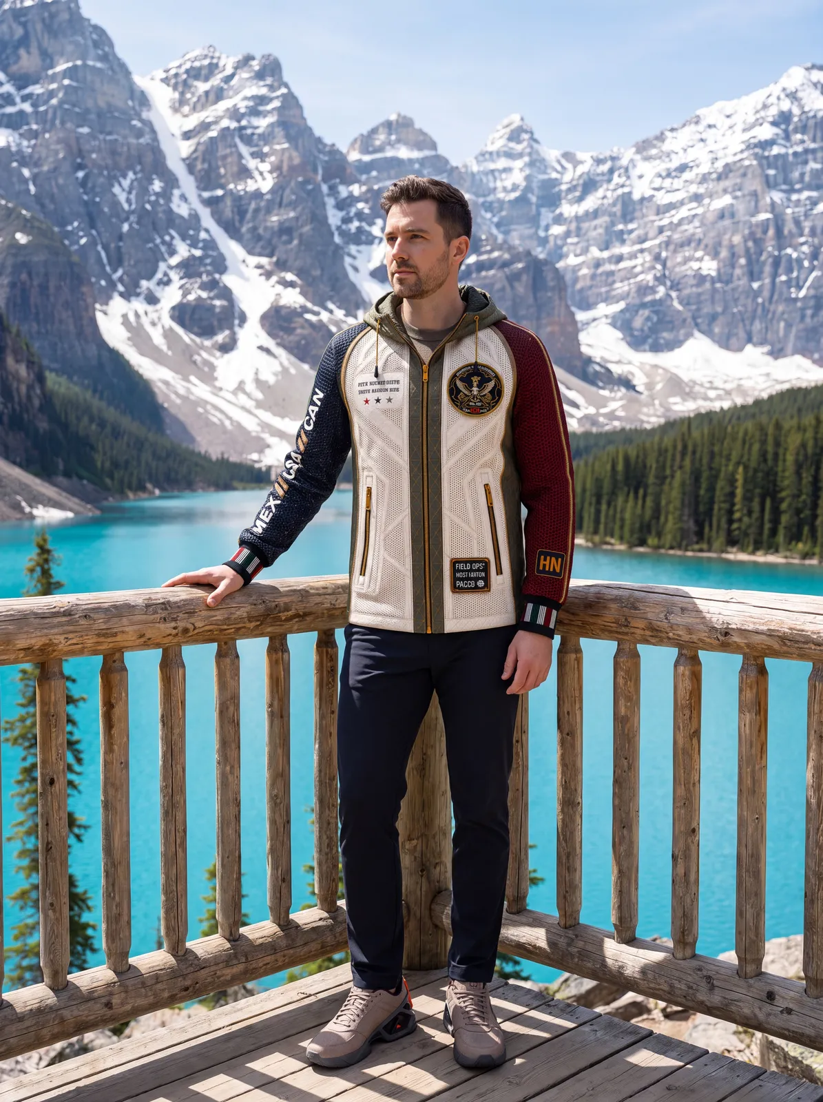 Zipped Host Nation Jacket at a Banff viewpoint.