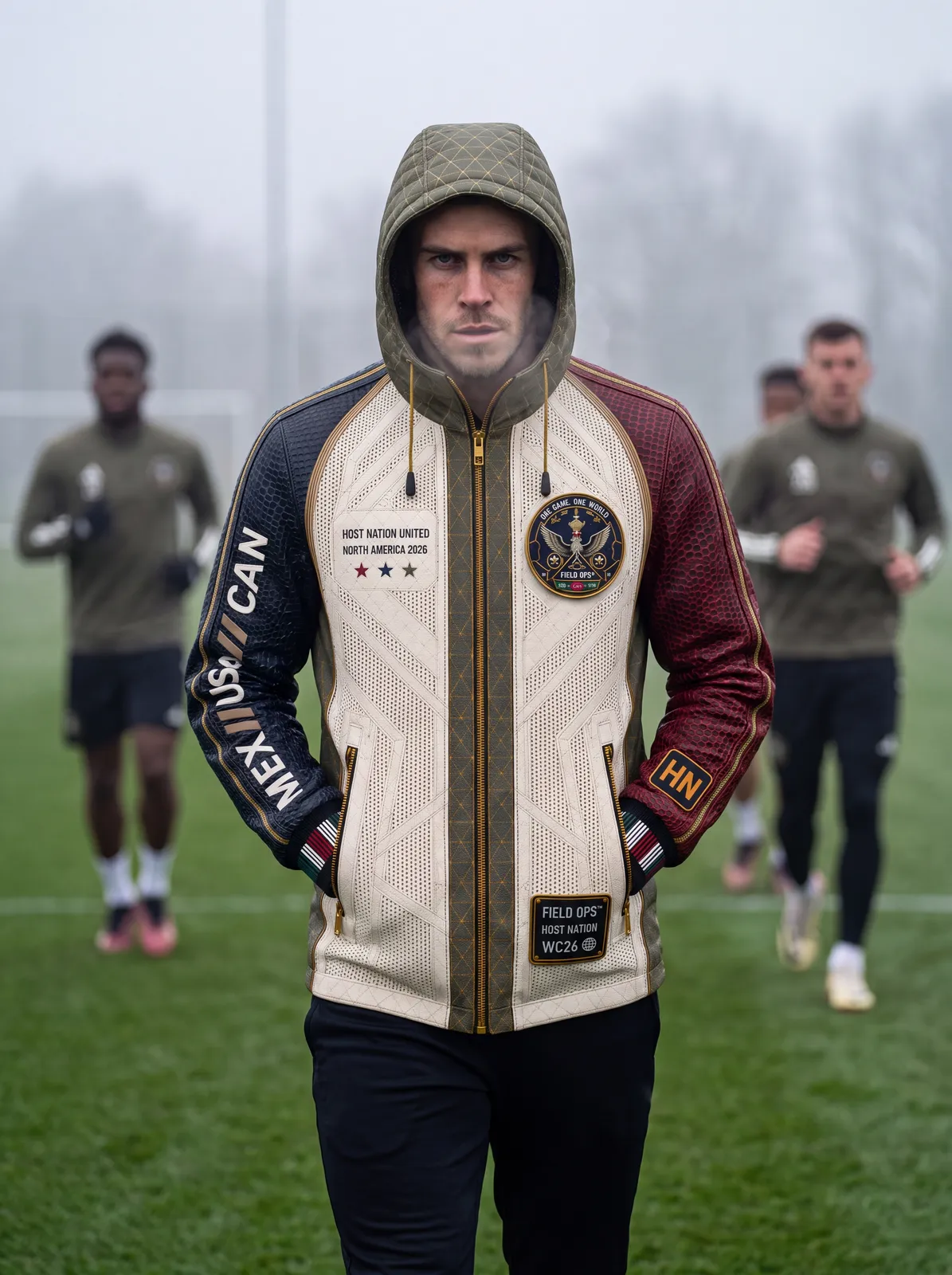 Host Nation Jacket with hood up at the training ground.