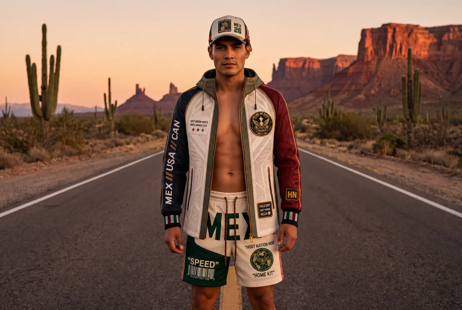 Jacket and hat on the Baja desert highway.