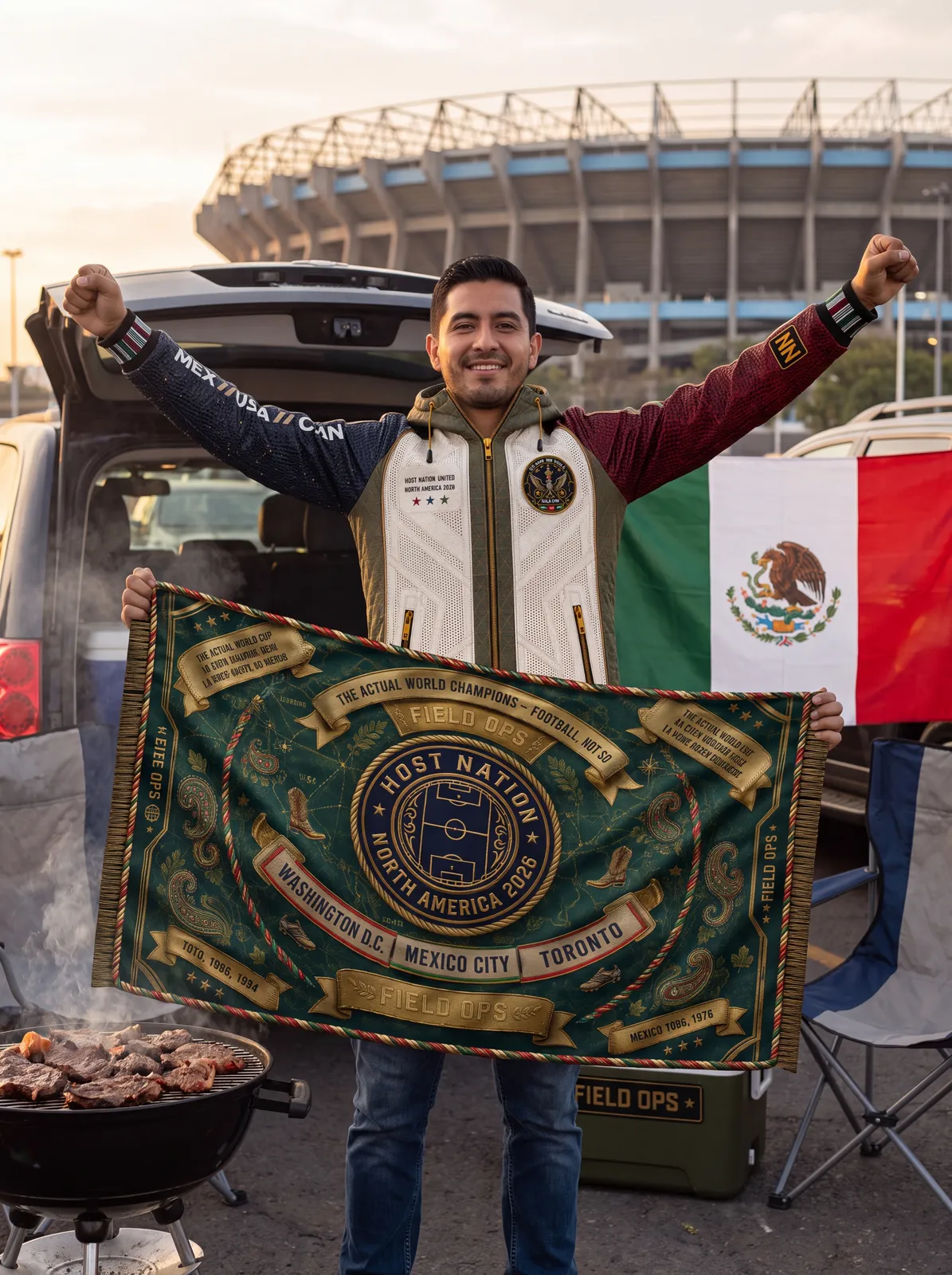 Tailgate in jacket and scarf.