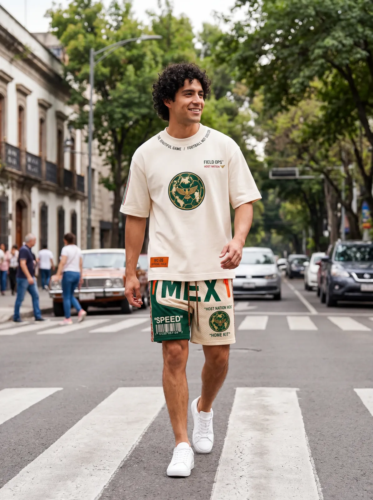 Tee and shorts on a CDMX crosswalk.