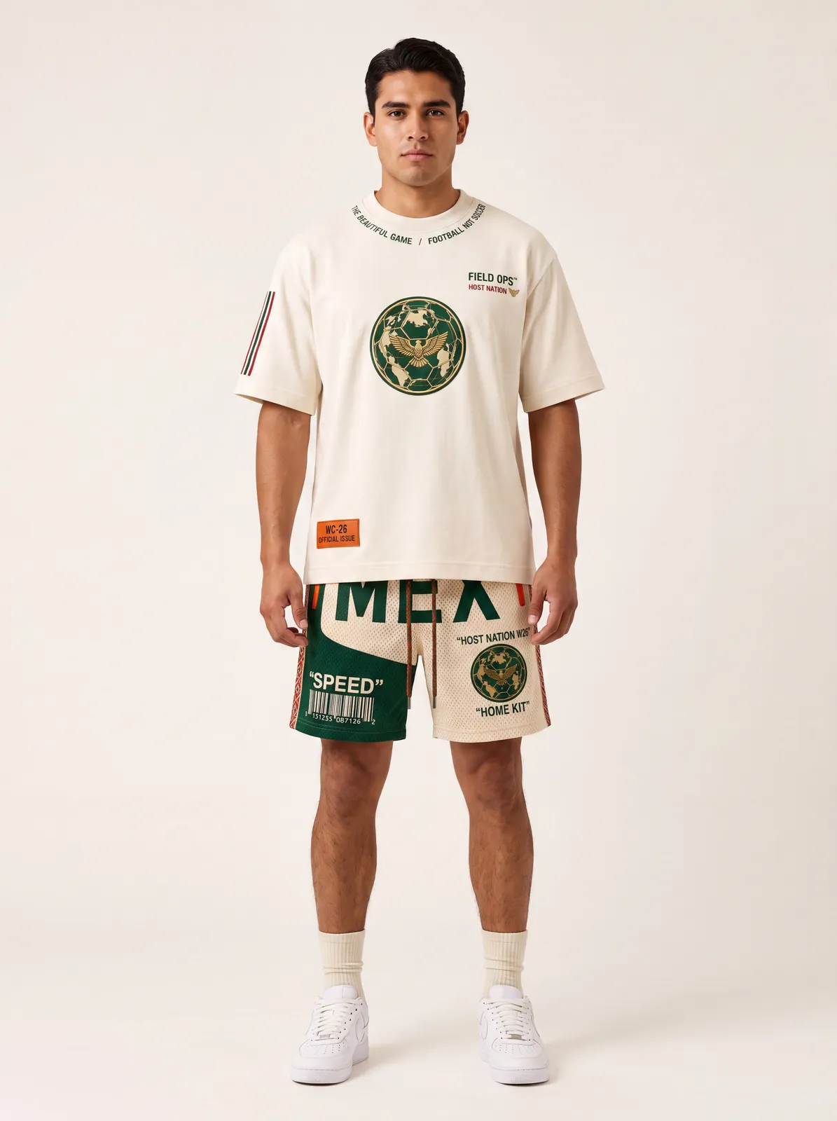 Studio front view of the Mexico tee and shorts.
