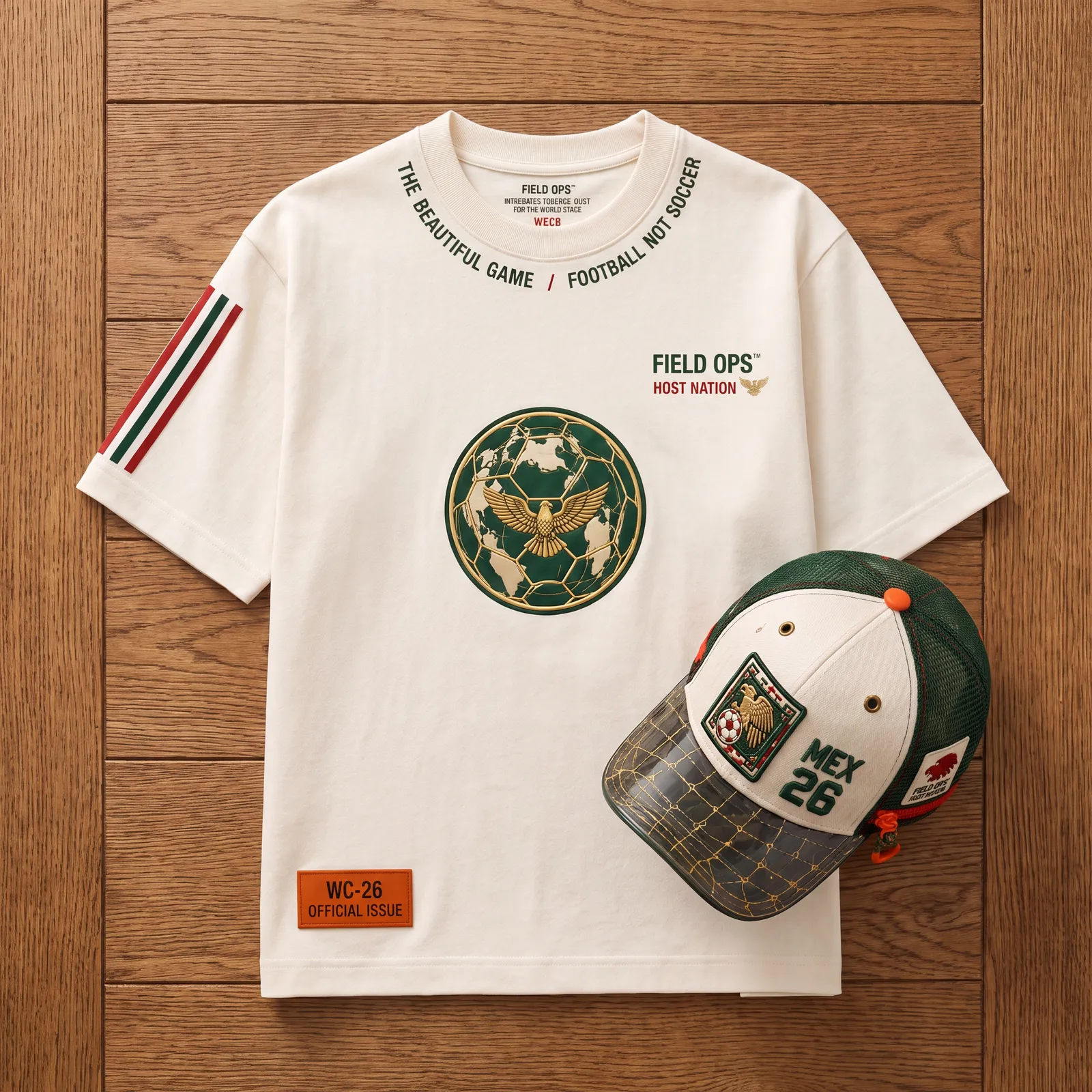 FIELD OPS Host Nation Mexico — Flat Lay · Tee + Cap.