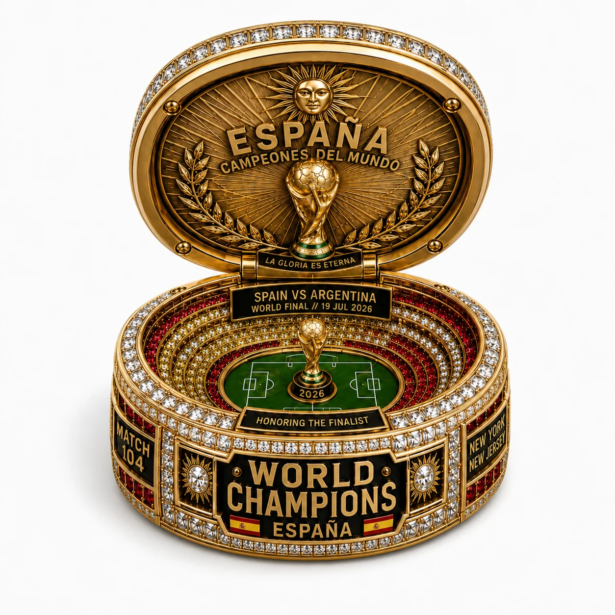 Overhead: the open box, a stadium with the trophy at center circle.