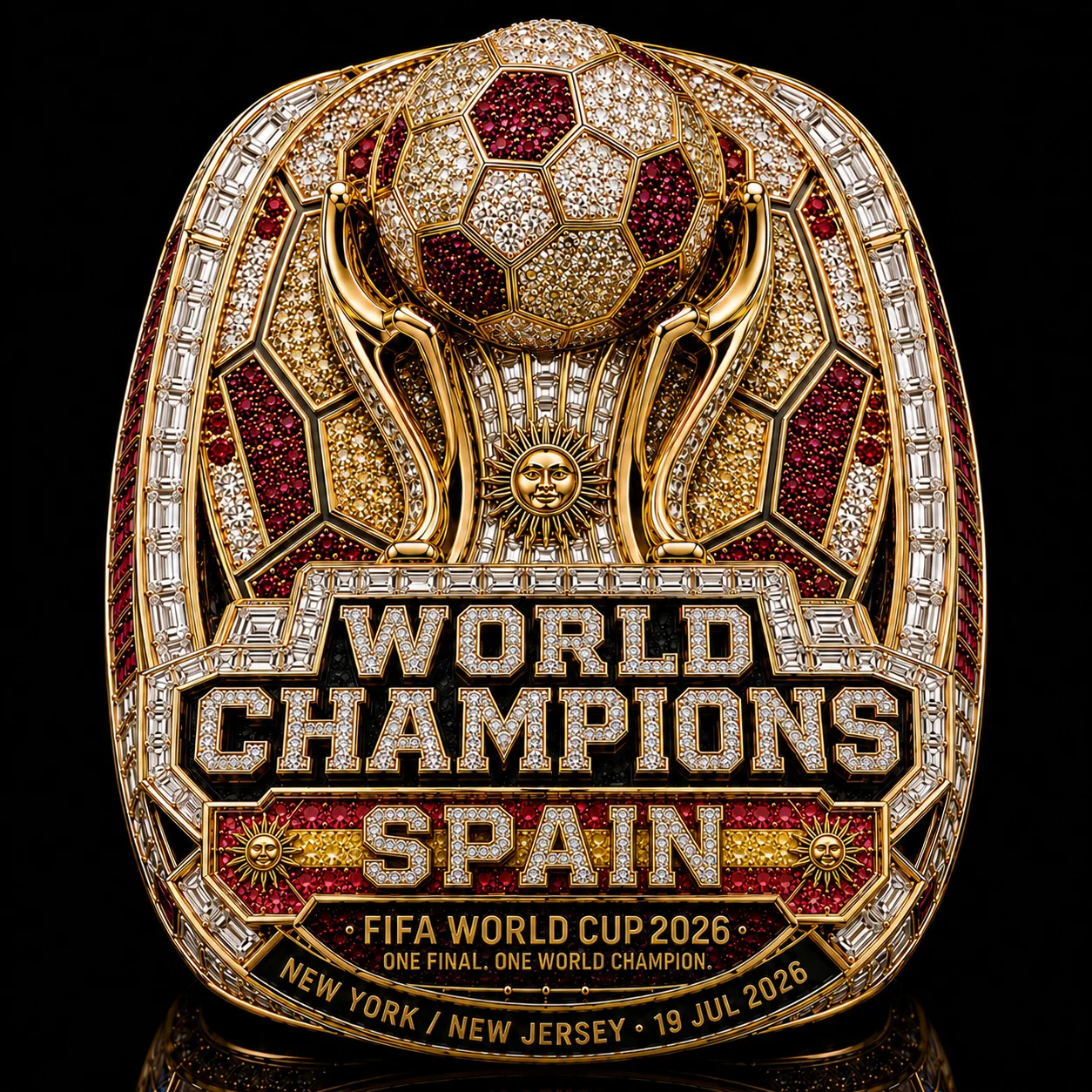 The crest: a pave diamond football over rubies and gold.