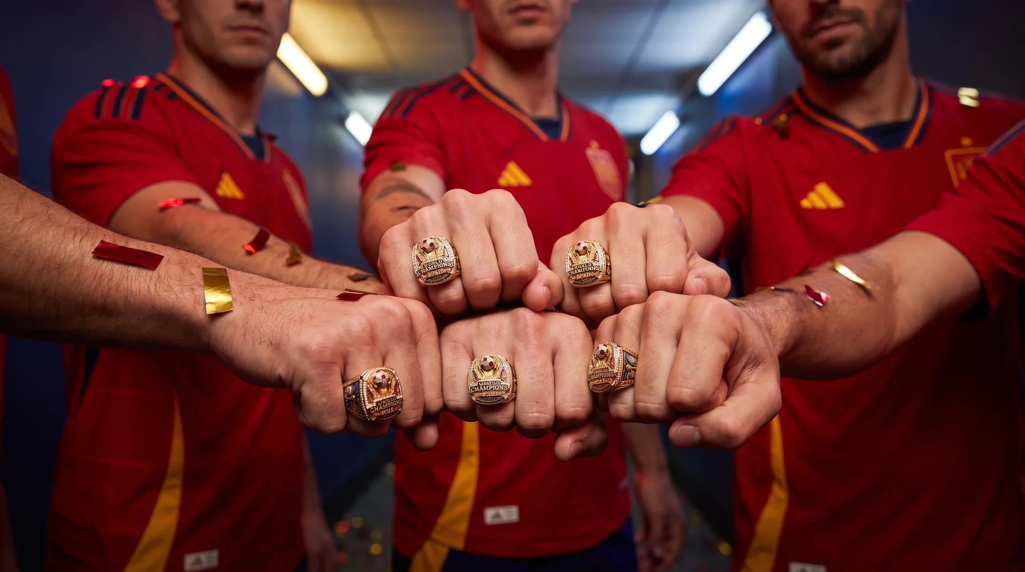 Five fists together in the tunnel, five Championship Rings.