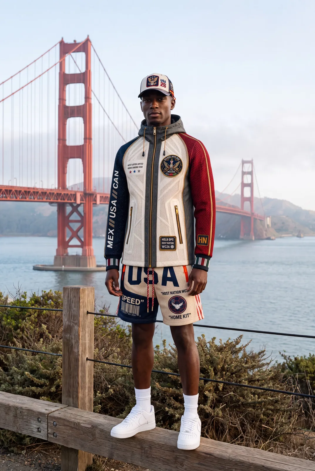 Jacket and hat at the Golden Gate Bridge.
