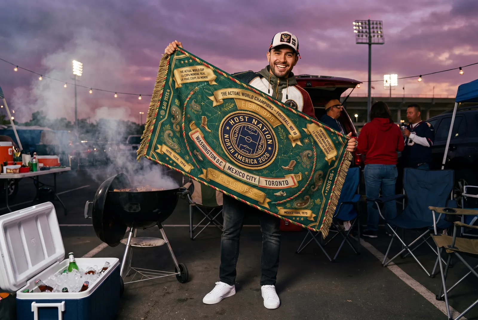 Tailgate in jacket and scarf.