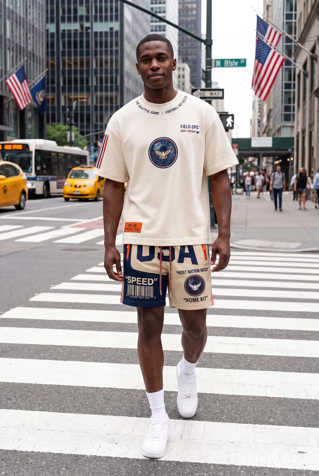 Tee and shorts on a city crosswalk.