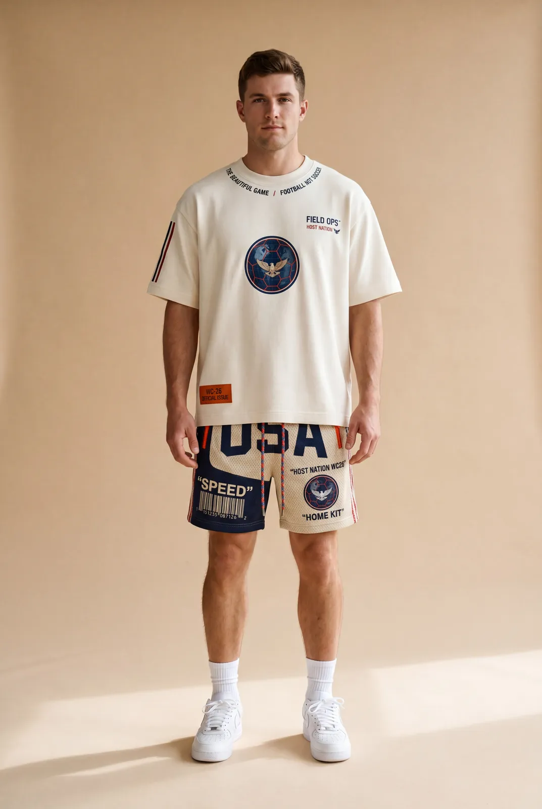 Studio front view of the USA tee and shorts.