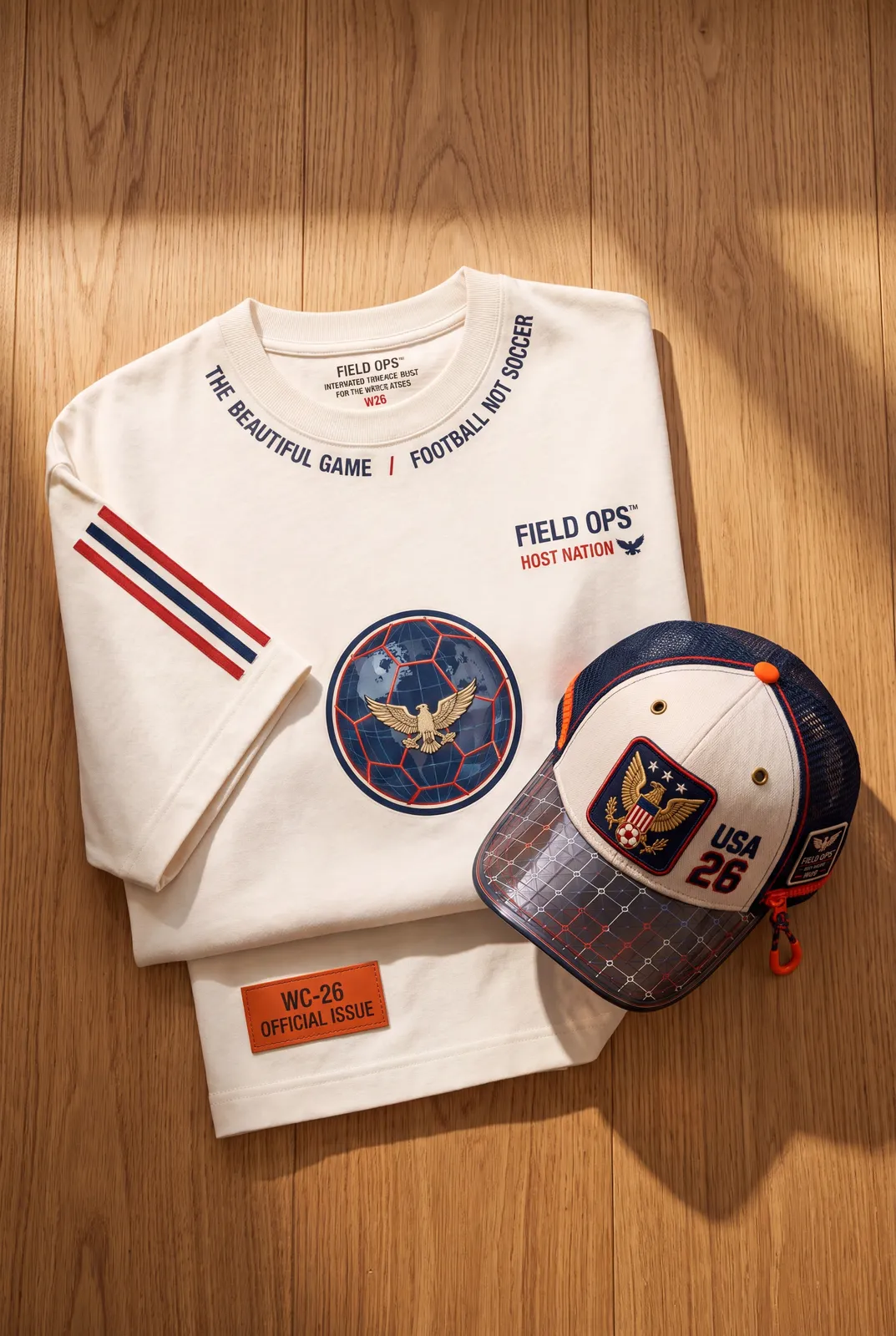 FIELD OPS Host Nation USA — Flat Lay · Tee + Cap.