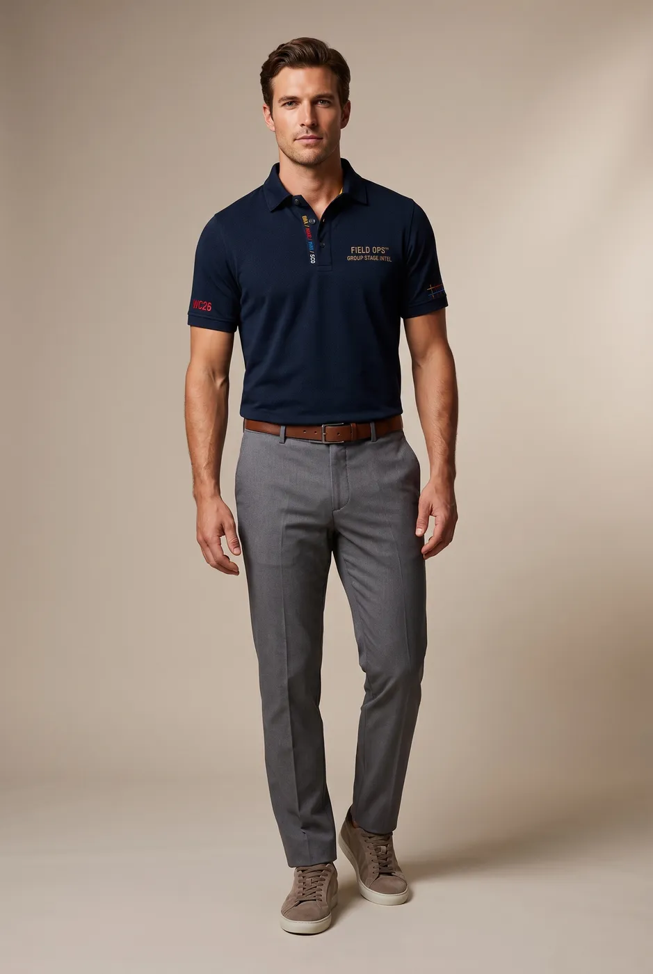 Group C polo worn on model, studio front.