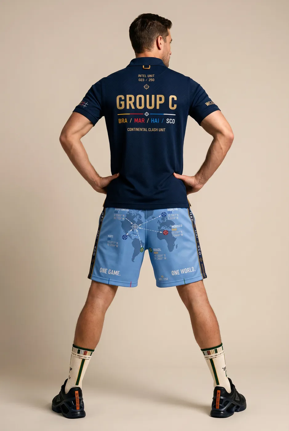 Group C polo worn on model, studio back.
