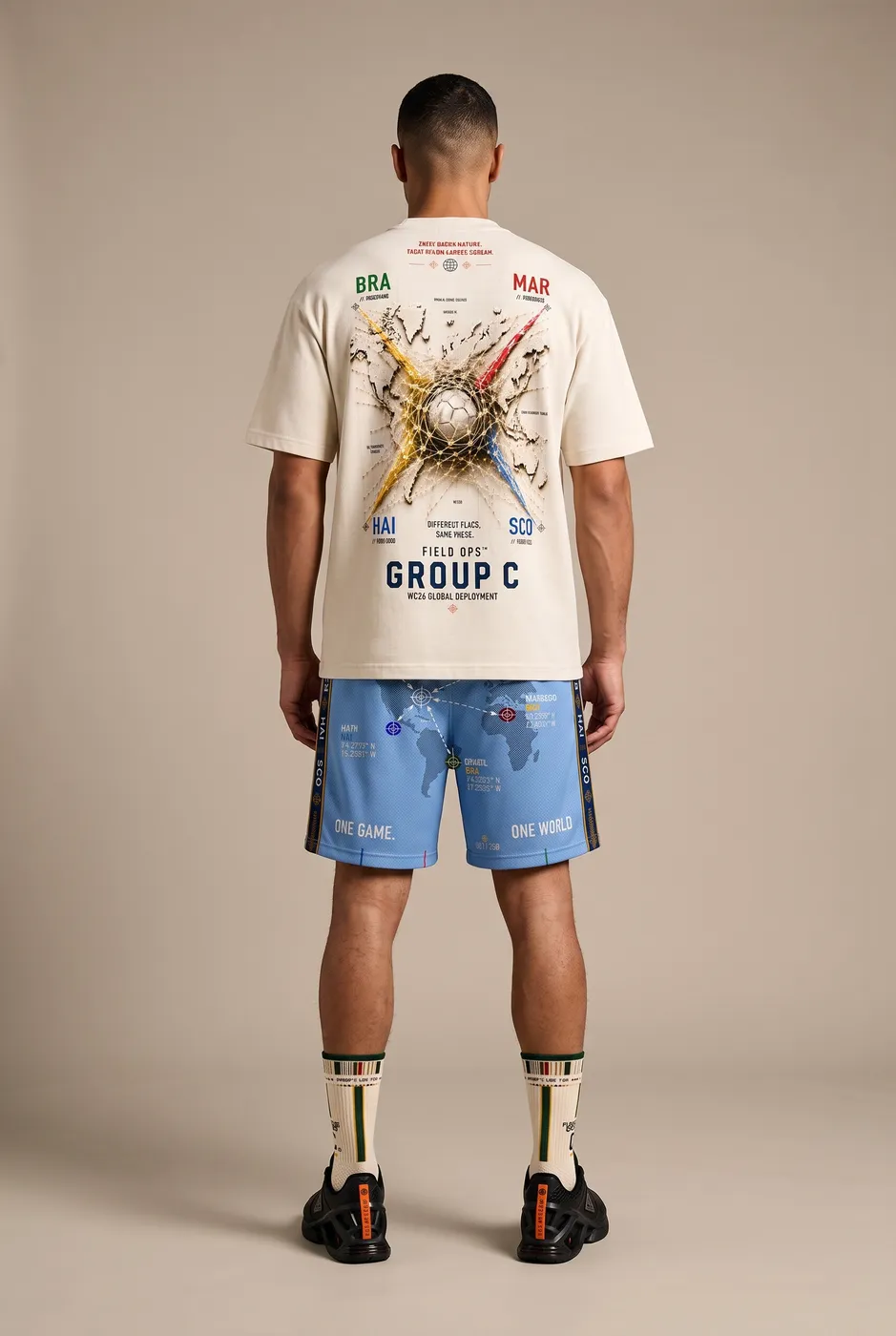 Group C tee worn on model, studio back.