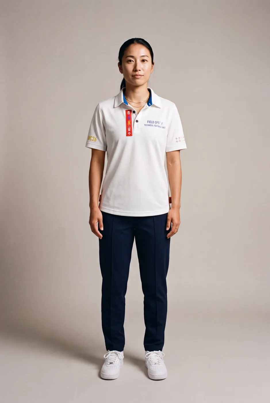Group F polo worn on model, studio front.