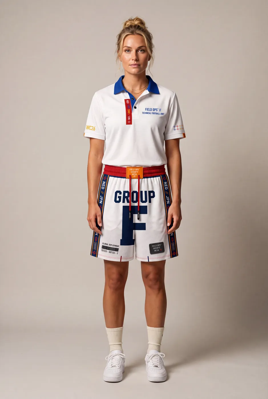 Group F shorts worn on model, studio front.