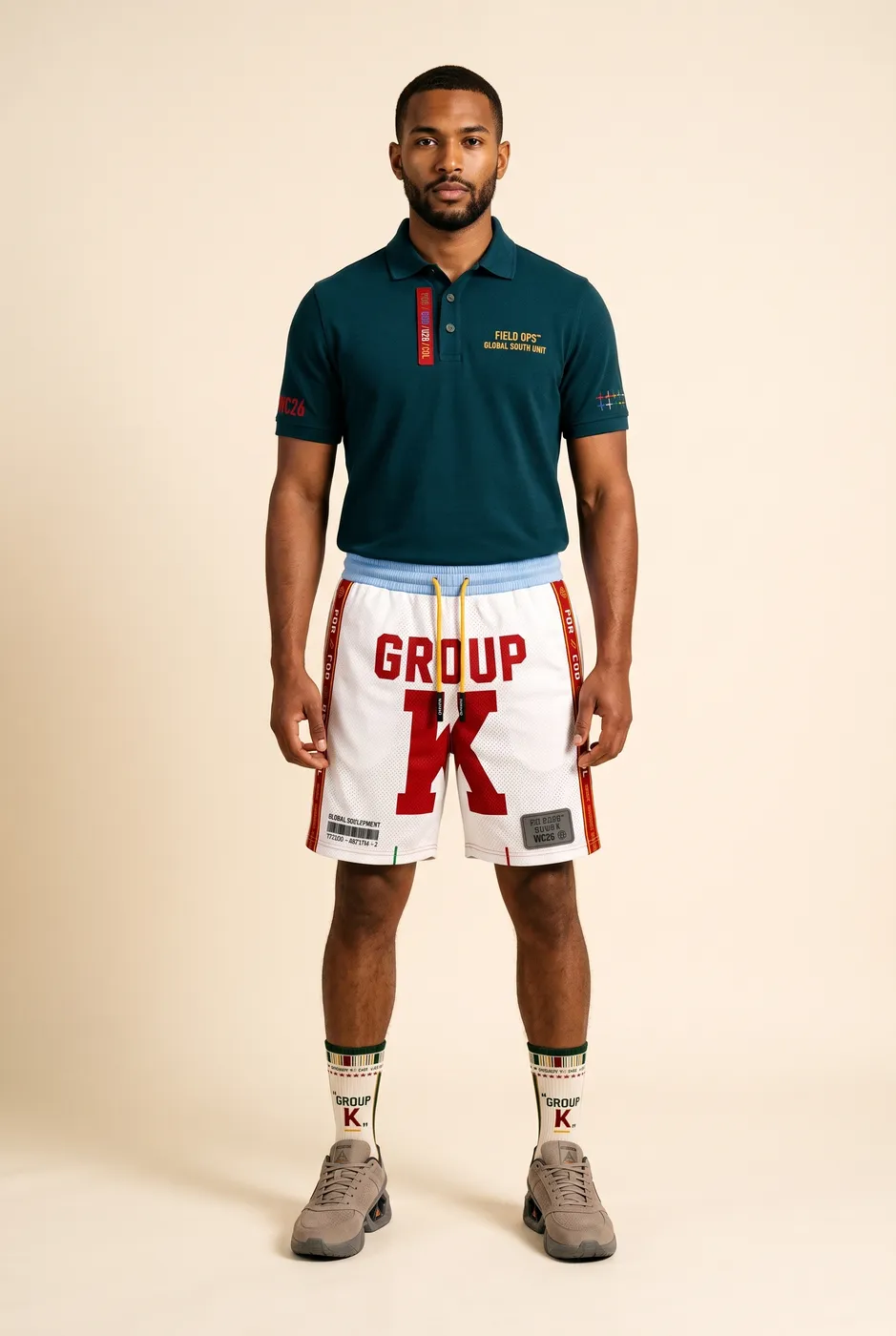 Group K polo worn on model, studio front.