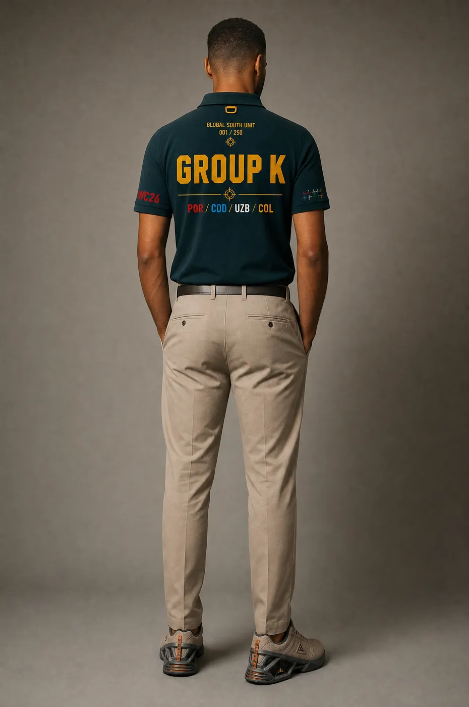 Group K polo worn on model, studio back.