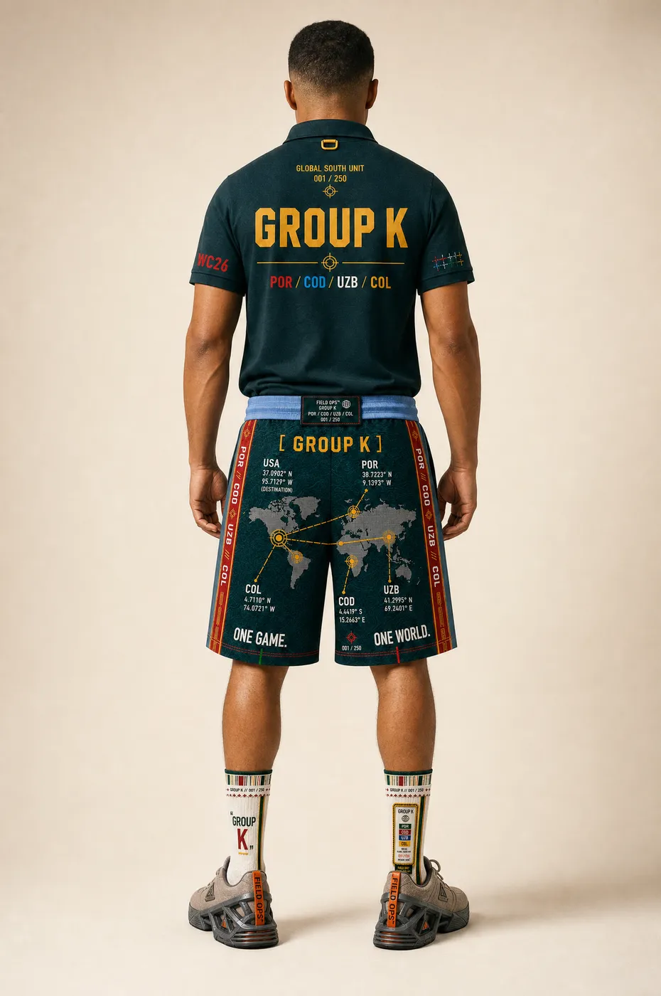 Group K shorts worn on model, studio back.
