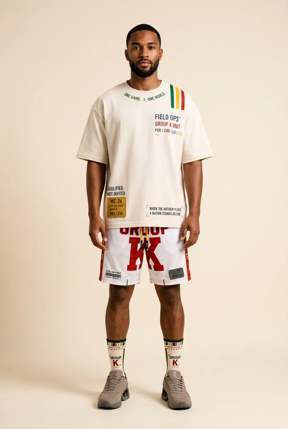 Group K tee worn on model, studio front.
