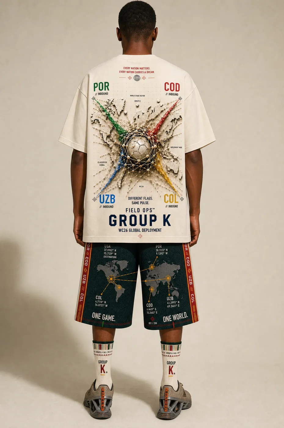 Group K tee worn on model, studio back.