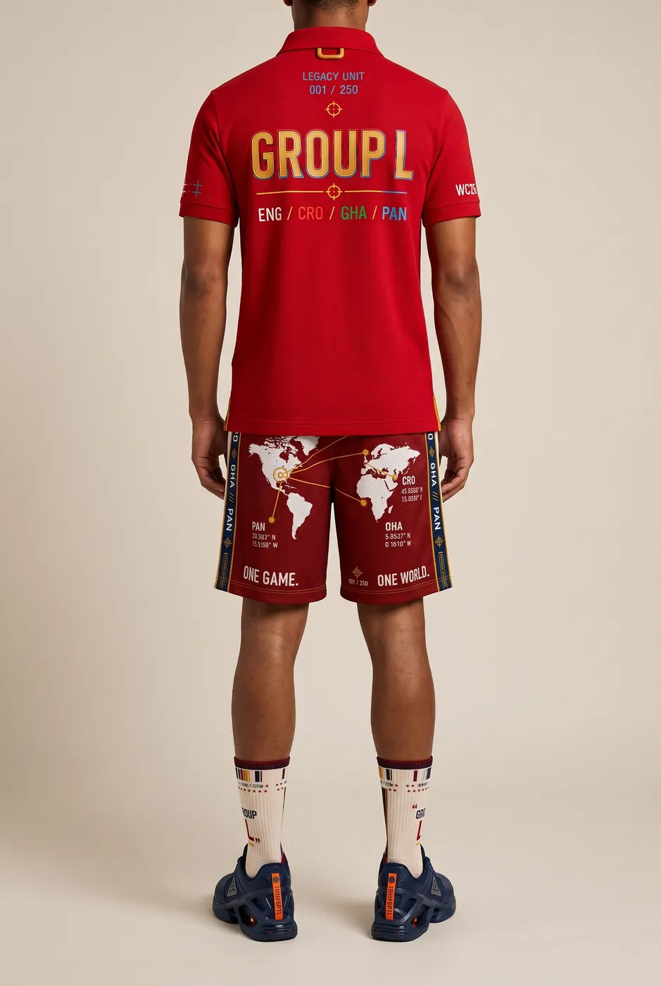 Group L shorts worn on model, studio back.