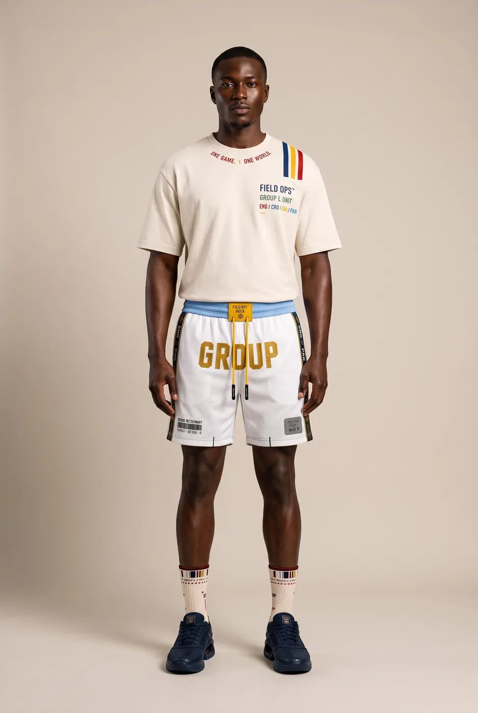 Group L tee worn on model, studio front.