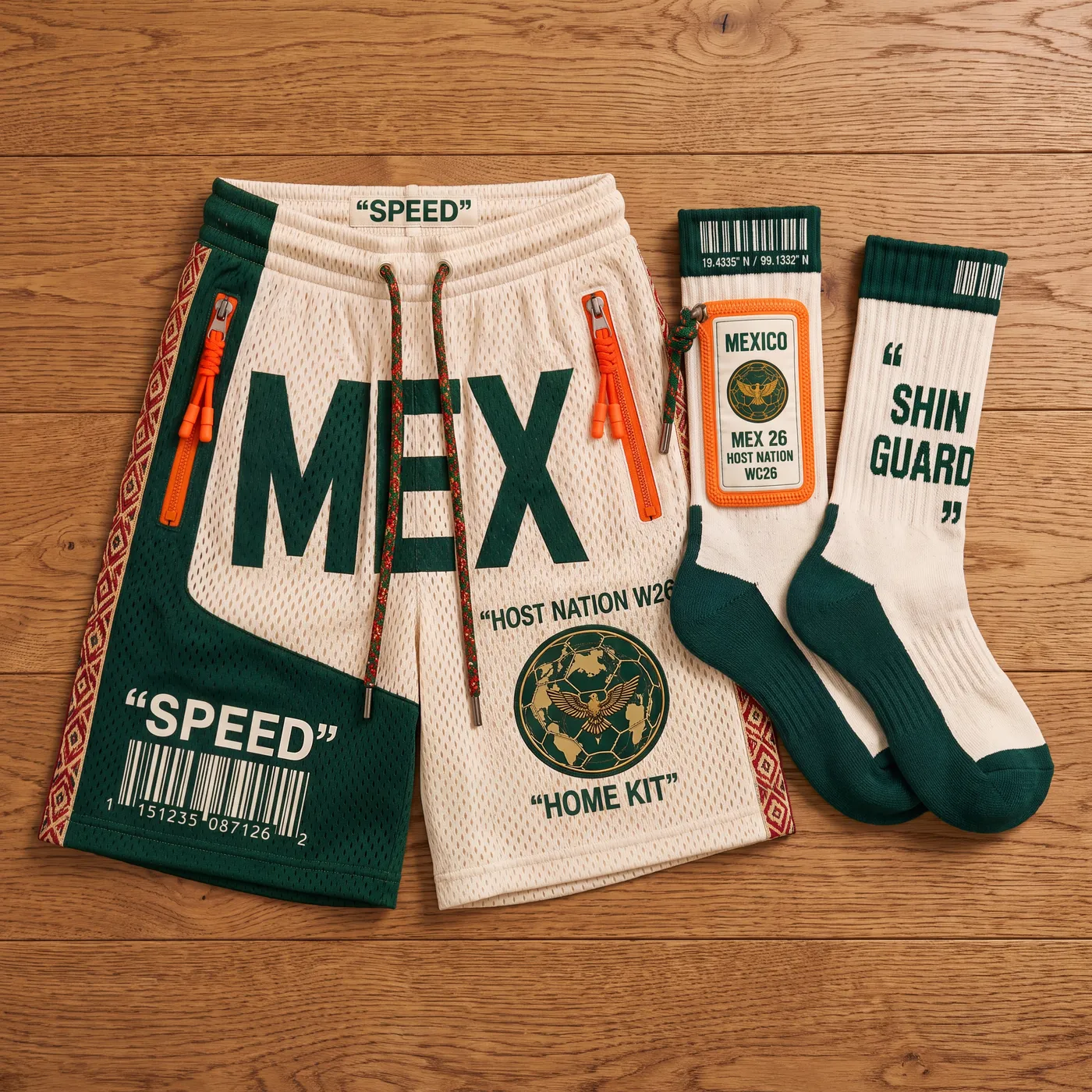 Host Nation Mexico socks and shorts, flat lay.