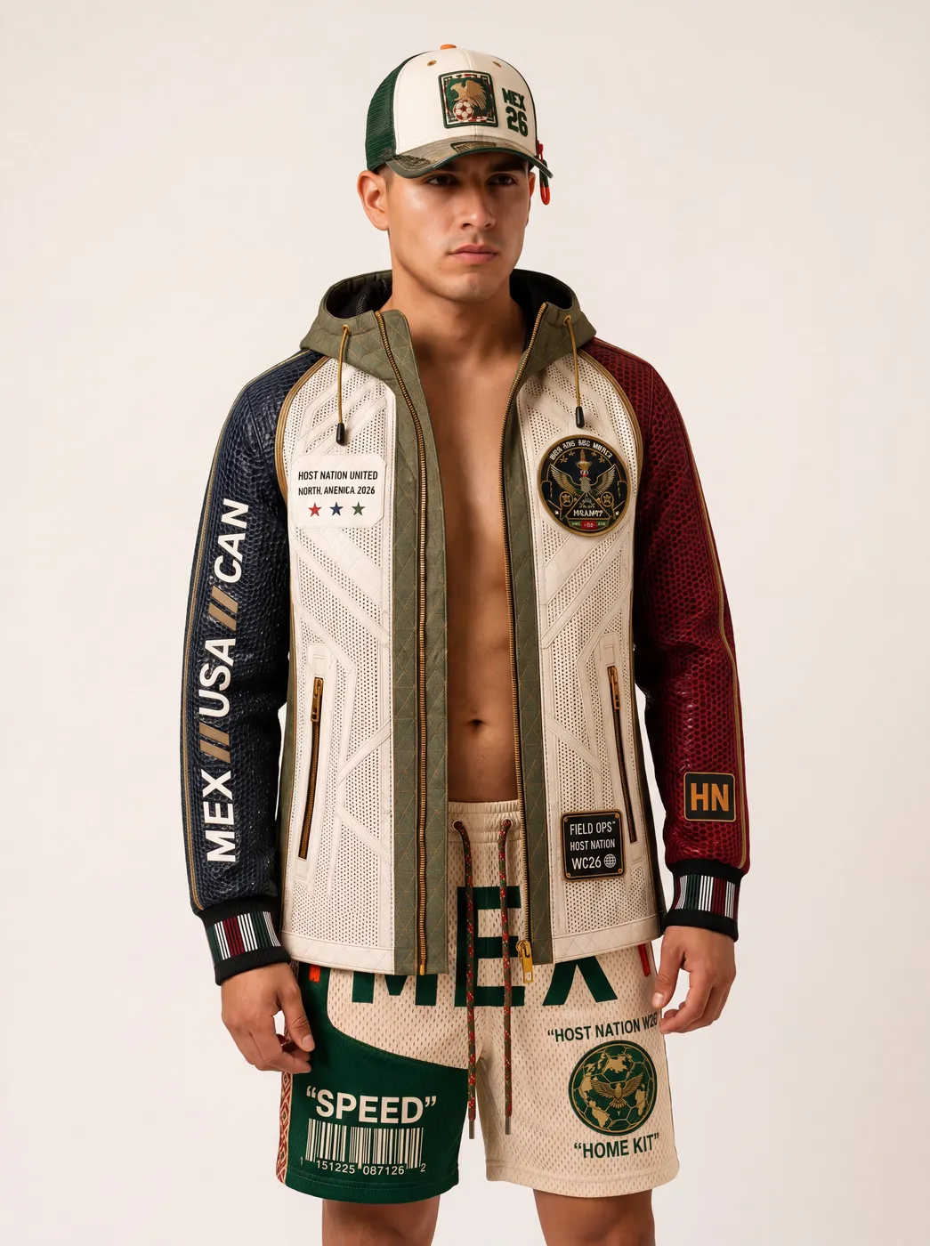 Host Nation Mexico hat worn with the jacket, three quarter view.
