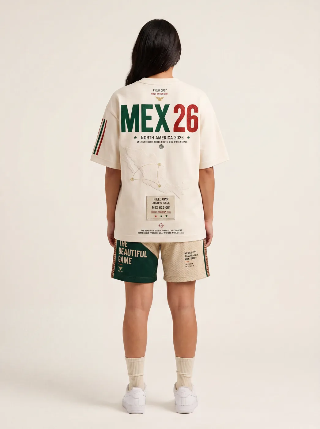 Host Nation Mexico tee worn on model, studio back.