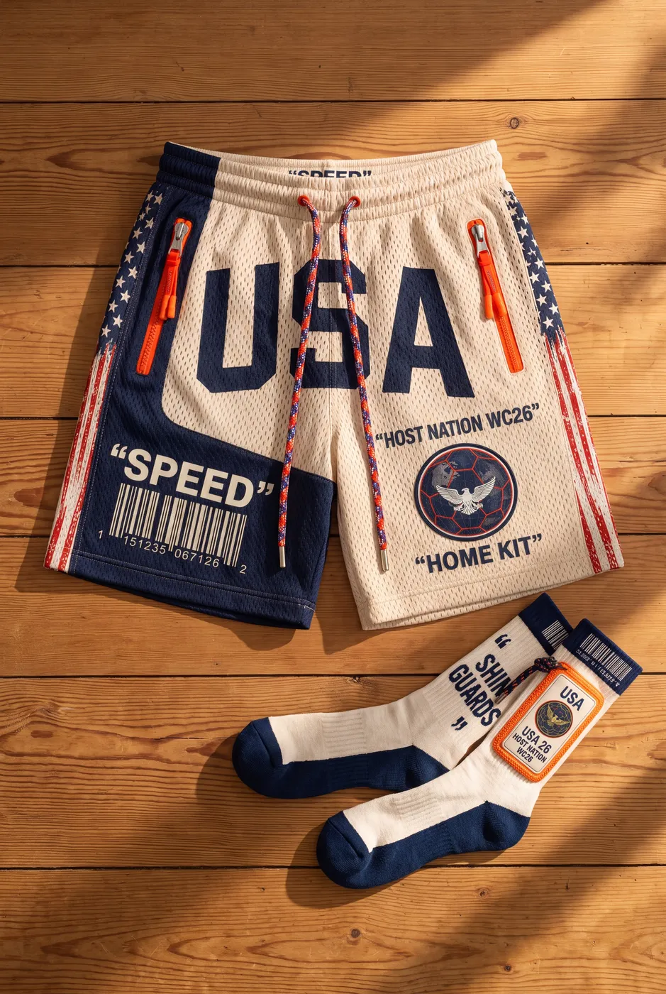 Host Nation USA socks and shorts, flat lay.