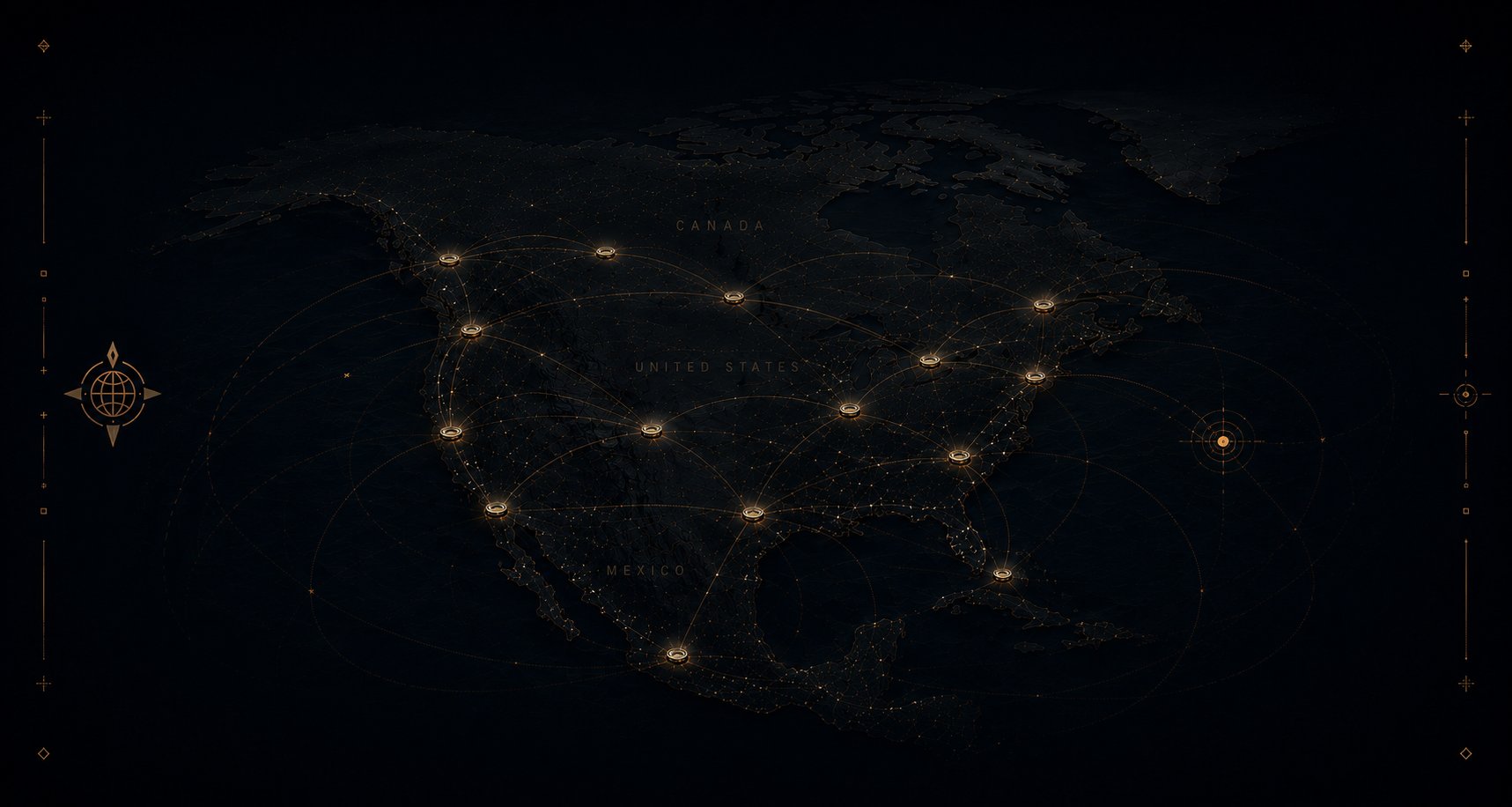 North America host network. Sixteen cities across the United States, Mexico, and Canada.